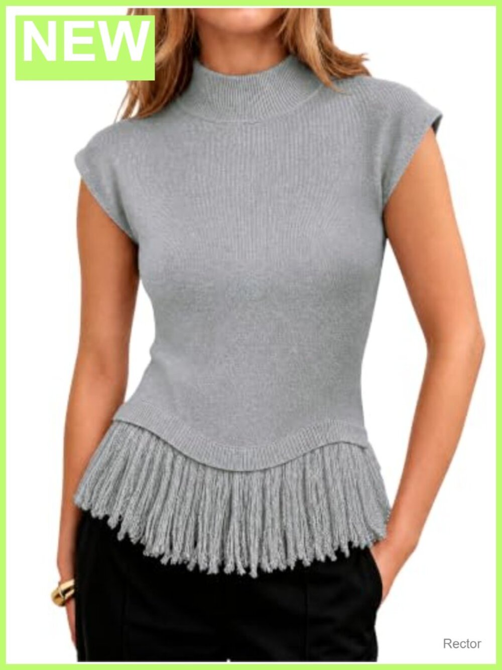 Cap Sleeve Mock Neck Sweater Vest Fringe Cable Knit Tank Top